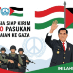 Prabowo Pastikan Indonesia Siap Kirim 20.000 Pasukan Perdamaian ke Gaza “Ilustrasi modern Presiden Indonesia Prabowo Subianto bersama pasukan TNI yang bersiap untuk misi perdamaian PBB di Gaza. Latar belakang bendera Indonesia dan Palestina berdampingan dengan simbol perdamaian. Gaya flat ilustratif modern, warna dominan merah, putih, hijau, dan biru. Tambahkan teks judul Indonesia Siap Kirim 20.000 Pasukan Perdamaian ke Gaza dengan font sans-serif modern (misalnya Montserrat Bold). Berikan watermark inilahkabar.com di pojok kanan bawah dengan font tebal putih di atas latar semi transparan hijau–merah agar terlihat elegan.”