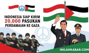 “Ilustrasi modern Presiden Indonesia Prabowo Subianto bersama pasukan TNI yang bersiap untuk misi perdamaian PBB di Gaza. Latar belakang bendera Indonesia dan Palestina berdampingan dengan simbol perdamaian. Gaya flat ilustratif modern, warna dominan merah, putih, hijau, dan biru. Tambahkan teks judul Indonesia Siap Kirim 20.000 Pasukan Perdamaian ke Gaza dengan font sans-serif modern (misalnya Montserrat Bold). Berikan watermark inilahkabar.com di pojok kanan bawah dengan font tebal putih di atas latar semi transparan hijau–merah agar terlihat elegan.”