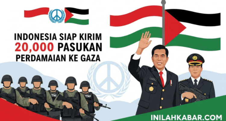 “Ilustrasi modern Presiden Indonesia Prabowo Subianto bersama pasukan TNI yang bersiap untuk misi perdamaian PBB di Gaza. Latar belakang bendera Indonesia dan Palestina berdampingan dengan simbol perdamaian. Gaya flat ilustratif modern, warna dominan merah, putih, hijau, dan biru. Tambahkan teks judul Indonesia Siap Kirim 20.000 Pasukan Perdamaian ke Gaza dengan font sans-serif modern (misalnya Montserrat Bold). Berikan watermark inilahkabar.com di pojok kanan bawah dengan font tebal putih di atas latar semi transparan hijau–merah agar terlihat elegan.”