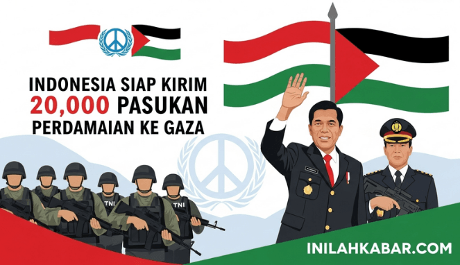 “Ilustrasi modern Presiden Indonesia Prabowo Subianto bersama pasukan TNI yang bersiap untuk misi perdamaian PBB di Gaza. Latar belakang bendera Indonesia dan Palestina berdampingan dengan simbol perdamaian. Gaya flat ilustratif modern, warna dominan merah, putih, hijau, dan biru. Tambahkan teks judul Indonesia Siap Kirim 20.000 Pasukan Perdamaian ke Gaza dengan font sans-serif modern (misalnya Montserrat Bold). Berikan watermark inilahkabar.com di pojok kanan bawah dengan font tebal putih di atas latar semi transparan hijau–merah agar terlihat elegan.”