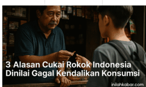 Realistic photo illustration showing the main theme and emotional essence of the article above — for example, a middle-aged shopkeeper selling single cigarettes to a teenage boy at a small kiosk under daylight, symbolizing weak cigarette tax enforcement and easy access to tobacco in Indonesia 2025; cinematic lighting, realistic tone, soft contrast, professional composition, with centered modern title text ‘3 Alasan Cukai Rokok Indonesia Dinilai Gagal Kendalikan Konsumsi’, bottom watermark ‘inilahkabar.com’ in elegant sans-serif font, realistic journalistic photo style suitable for online news feature.