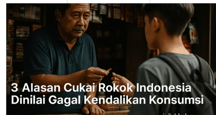 3 Alasan Cukai Rokok Indonesia Dinilai Gagal Kendalikan Konsumsi Realistic photo illustration showing the main theme and emotional essence of the article above — for example, a middle-aged shopkeeper selling single cigarettes to a teenage boy at a small kiosk under daylight, symbolizing weak cigarette tax enforcement and easy access to tobacco in Indonesia 2025; cinematic lighting, realistic tone, soft contrast, professional composition, with centered modern title text ‘3 Alasan Cukai Rokok Indonesia Dinilai Gagal Kendalikan Konsumsi’, bottom watermark ‘inilahkabar.com’ in elegant sans-serif font, realistic journalistic photo style suitable for online news feature.
