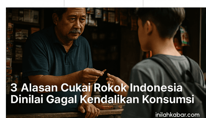 Realistic photo illustration showing the main theme and emotional essence of the article above — for example, a middle-aged shopkeeper selling single cigarettes to a teenage boy at a small kiosk under daylight, symbolizing weak cigarette tax enforcement and easy access to tobacco in Indonesia 2025; cinematic lighting, realistic tone, soft contrast, professional composition, with centered modern title text ‘3 Alasan Cukai Rokok Indonesia Dinilai Gagal Kendalikan Konsumsi’, bottom watermark ‘inilahkabar.com’ in elegant sans-serif font, realistic journalistic photo style suitable for online news feature.