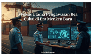 3 Fokus Utama Pengawasan Bea Cukai di Era Menkeu Baru Realistic photo illustration showing the main theme and emotional essence of the article above — for example, Indonesian Customs officers at a busy port terminal with digital monitoring screens and shipping containers in the background, symbolizing transparency, efficiency, and reform in customs supervision under the new Finance Minister, in cinematic lighting, professional composition, with centered modern title text “3 Fokus Utama Pengawasan Bea Cukai di Era Menkeu Baru”, bottom watermark “inilahkabar.com” in elegant sans-serif font, realistic journalistic photo style suitable for online news feature.
