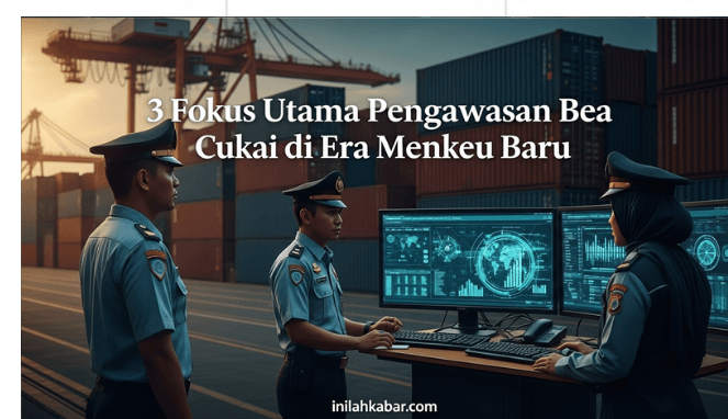 Realistic photo illustration showing the main theme and emotional essence of the article above — for example, Indonesian Customs officers at a busy port terminal with digital monitoring screens and shipping containers in the background, symbolizing transparency, efficiency, and reform in customs supervision under the new Finance Minister, in cinematic lighting, professional composition, with centered modern title text “3 Fokus Utama Pengawasan Bea Cukai di Era Menkeu Baru”, bottom watermark “inilahkabar.com” in elegant sans-serif font, realistic journalistic photo style suitable for online news feature.